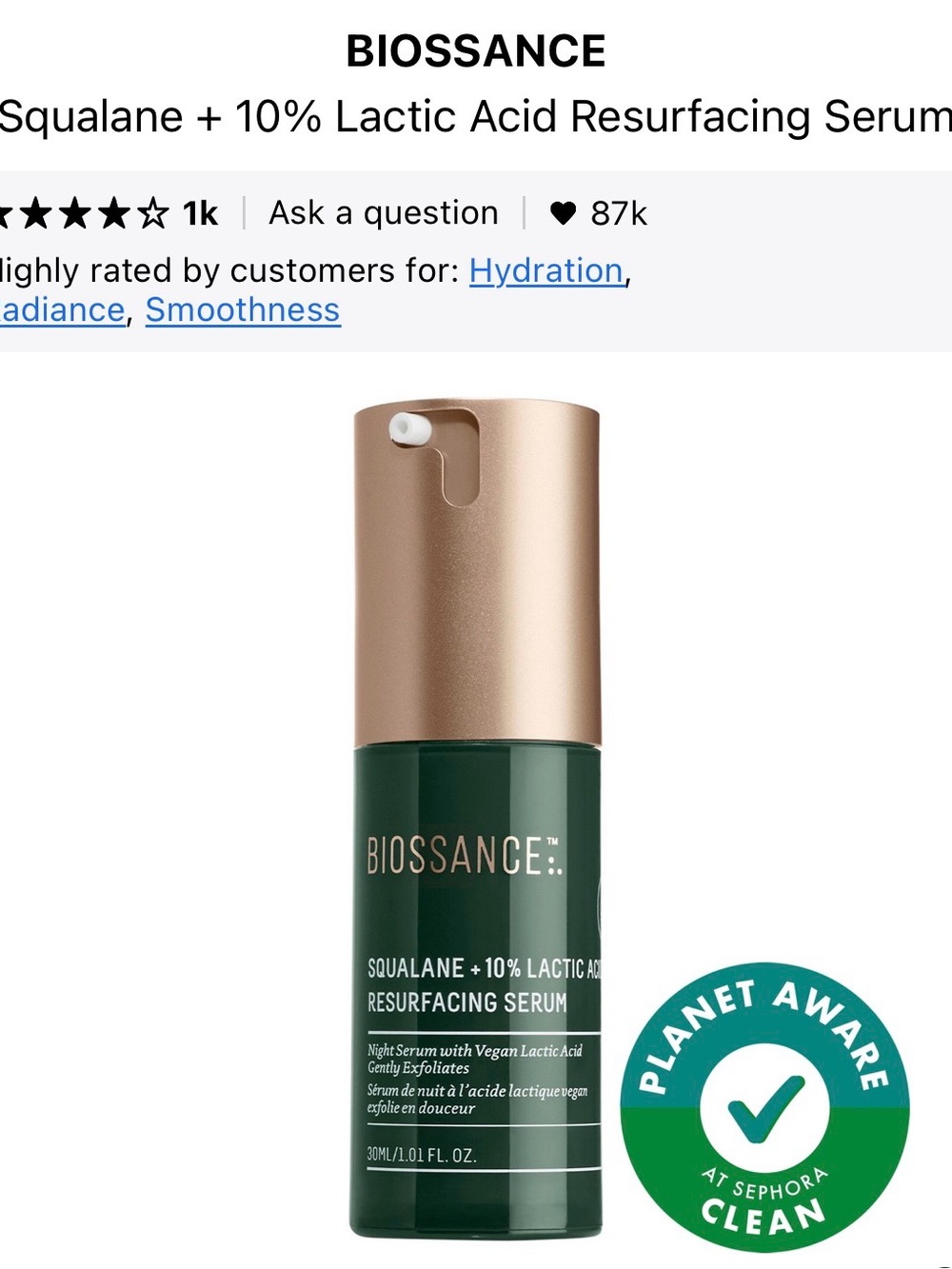 Biossance Squalane + 10% Lactic Acid Resurfacing Serum